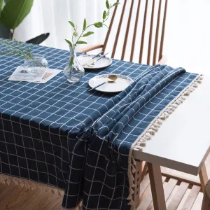 Blue Plaid Tablecloth Three-Dimensional Embroidered Rectangular Linen Dustproof Table Cloth