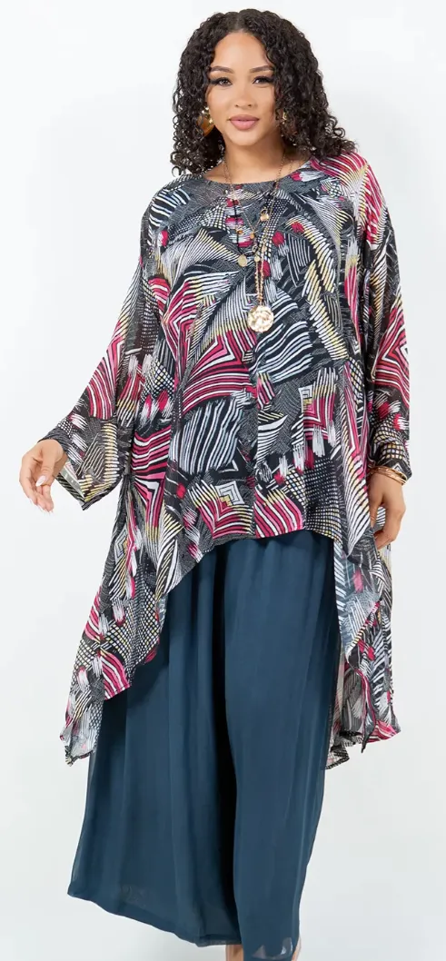 Graphic Mosaic hi-low Tunic Oversize Top Boho Hippie Chic Resort Wear Sml-10X