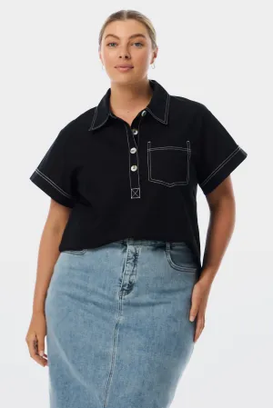 Half Placket Pocket Top - Black