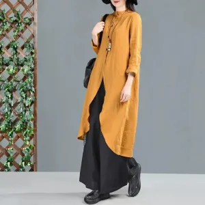 Yellow Linen Shirts  Dresses 3/4 Sleeves Long Shirts CH90423